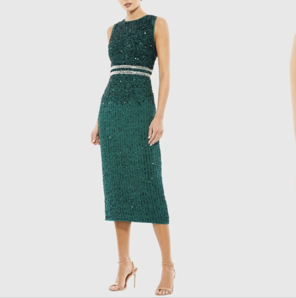 NWT Mac Duggal Green Sleeveless High Neck Beaded Midi Sheath Dress